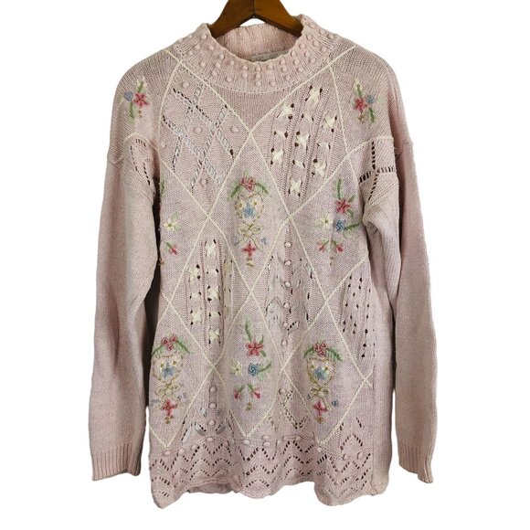 Vtg Laura Gayle Floral Embroidered Knit Sweater Sz Large Floral Pink Ribbon - Picture 1 of 9